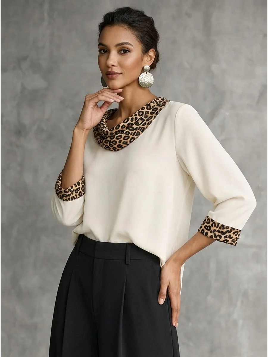Bonboho Women Elegant Satin Blouse Cowl Neck Leopard Print Spliced Three Quater Sleeve Loose Fit Casual Ladies T-shirt Top Shirt