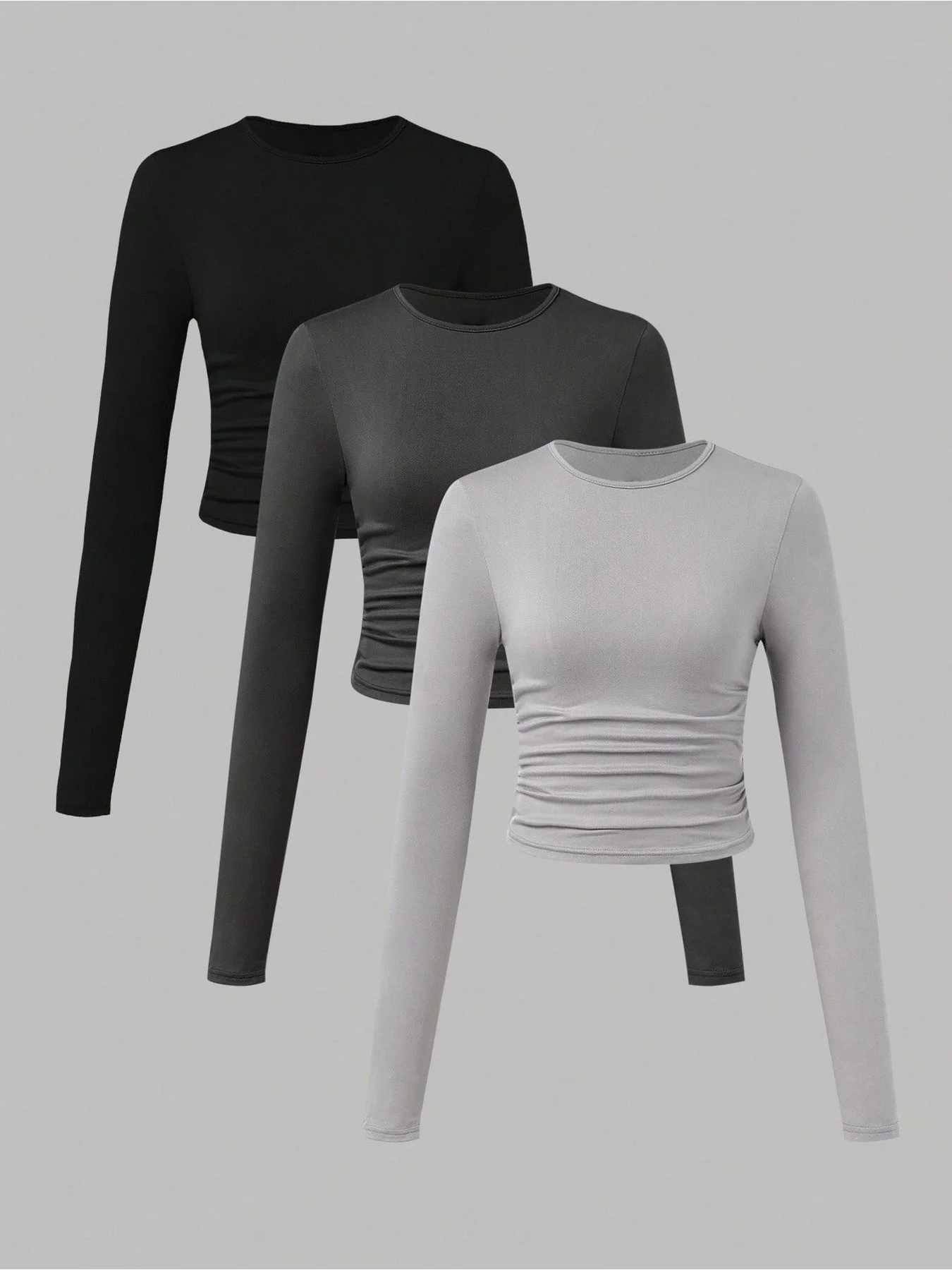 

3PC Casual, Elegant, and Comfortable Round Neck Long Sleeved Solid Color Top T-Shirt Plus Three Piece Set