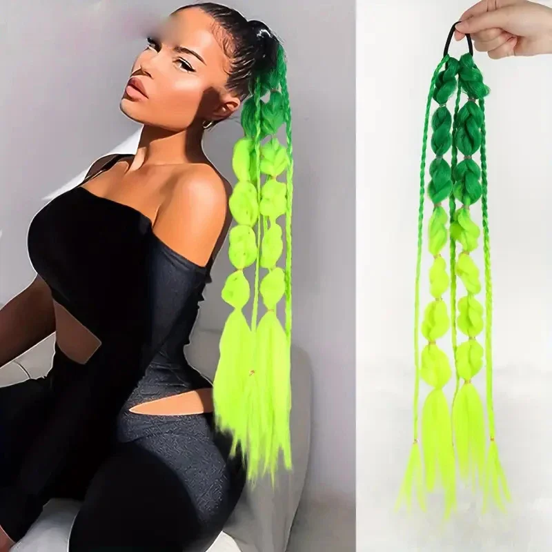 1 قطعة ذيل حصان الاصطناعية تمديد Corlorful فقاعة جديلة فانوس طويل مضفر ذيل حصان مع الشعر التعادل مستقيم قطع الشعر #5
