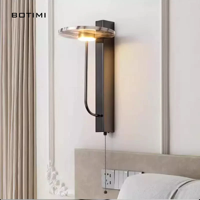 

BOTIMI Nordic Black Metal Wall Lamp Long Shaped Bedside Wall Sconce For Living Room Marble Aisle Hotel Project Bedroom Lighting