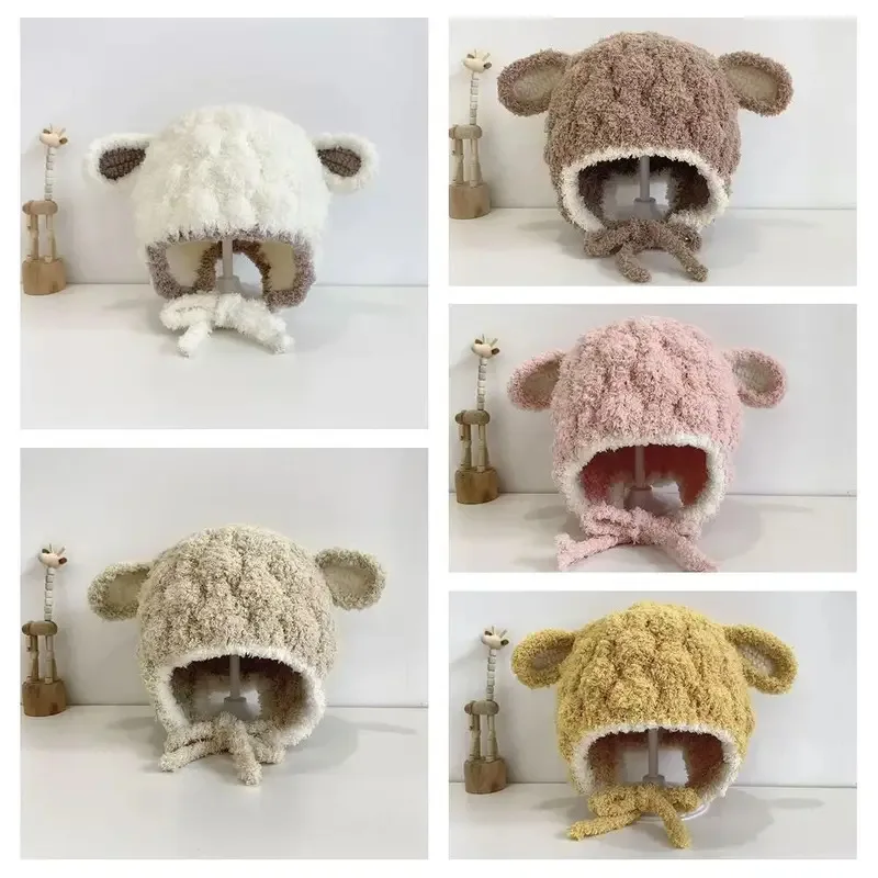 

TOPMAYA Lamb Animal Hats Solid Color Korean Style Children Fleece Cartoon Fashion Design Plush Hat with Scarf Ki
