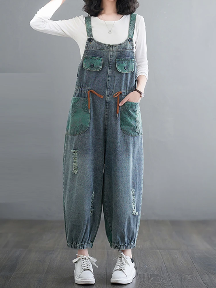 Plus Size Denim Jumpsuit Women 2024 Autumn New Chic Fashion Vintage Pants Blue Color Jean High Waist Ladies Jumpsuit Mujer