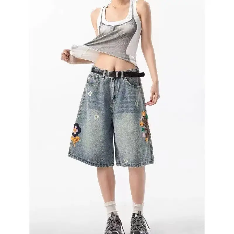 

Джинсы длиной 7/8 с вышивкой в американском стиле ретро, свободные широкие прямые повседневные брюки для мужчин и женщин, High Street Sle