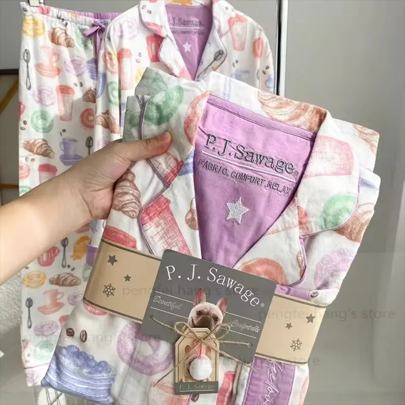 2026 Autumn New Home Clothes Lady Cotton Pajamas Suit Cute Cartoon Print Nightwear Luxury Shirt Pants Girlfriend Gift Loungewear