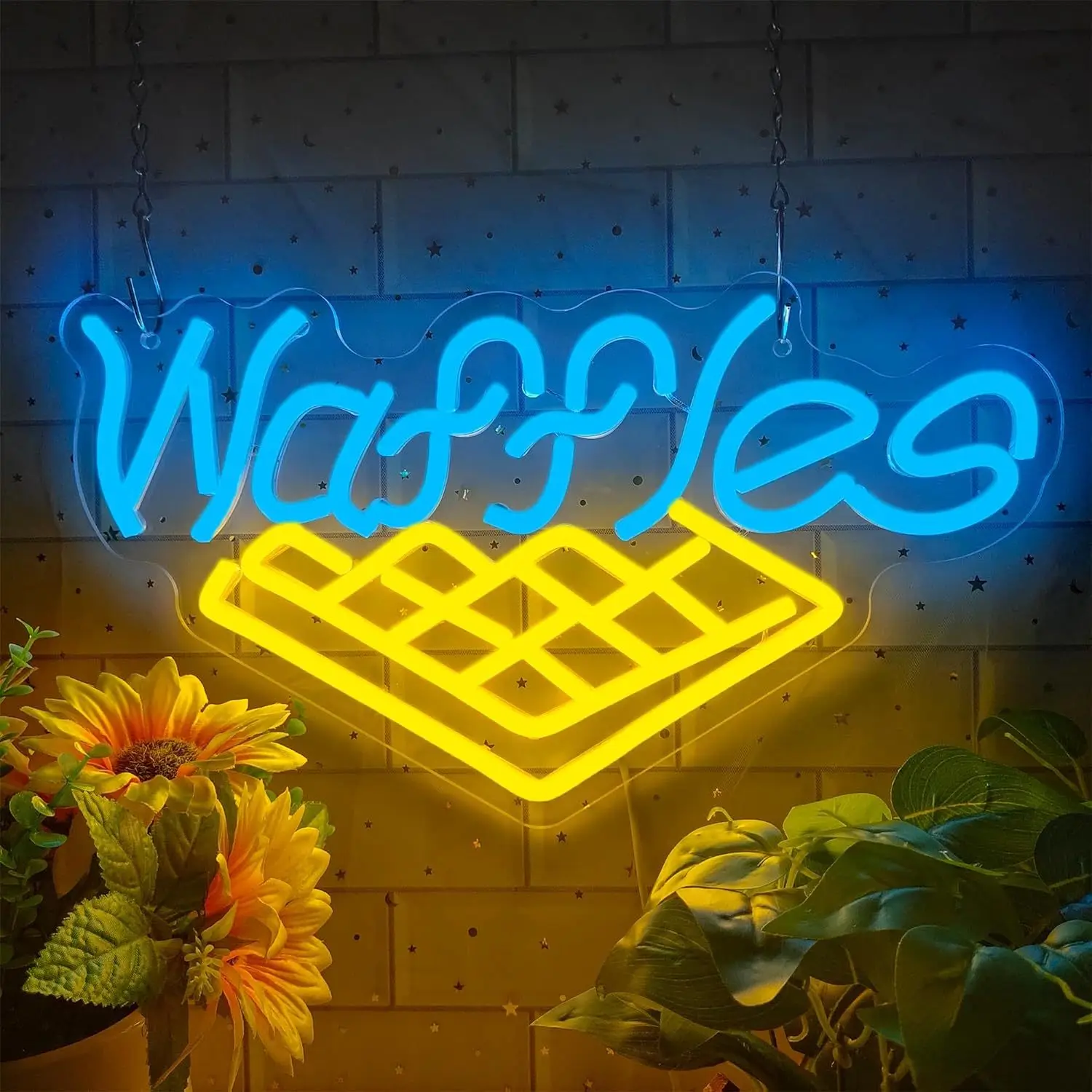 Waffles LED Neon Sign Blue Yellow Dessert Wall Art Cafe Restaurant Decor USB Powered Breakfast Food Light