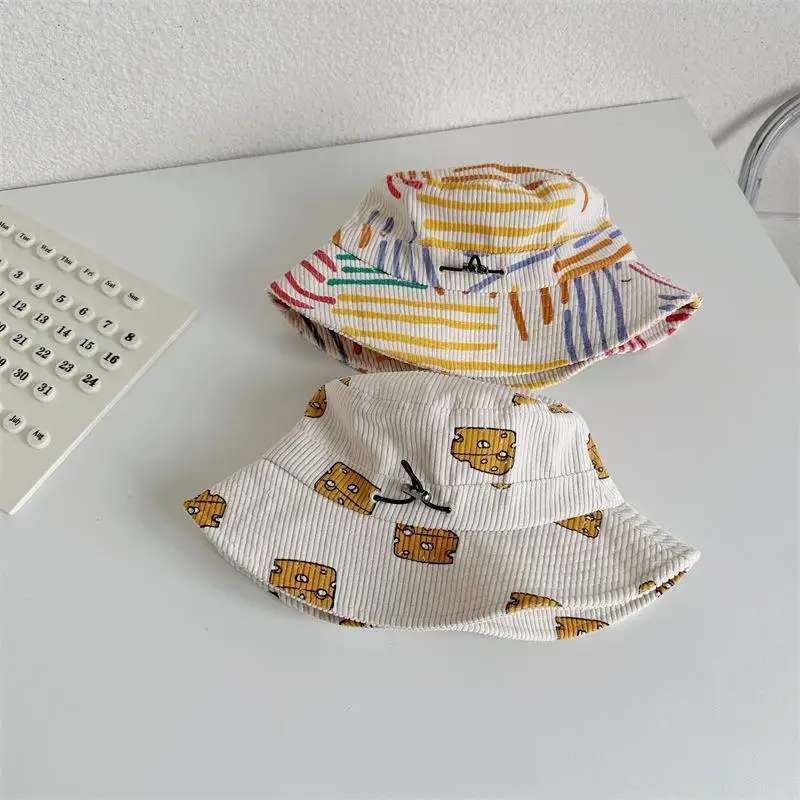 

Spring Summer Boy Children Corduroy Colorful Striped Baseball Cap Girl Baby Cheese Print Peaked Hat Kid Cotton Casual Bucket Hat