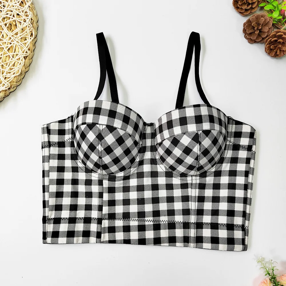 

SsTss Summer Retro Style White and Black Plaid Print Push Up Bustier Corset Bra Sexy Night Out Club Party Crop Camis Vest Tops