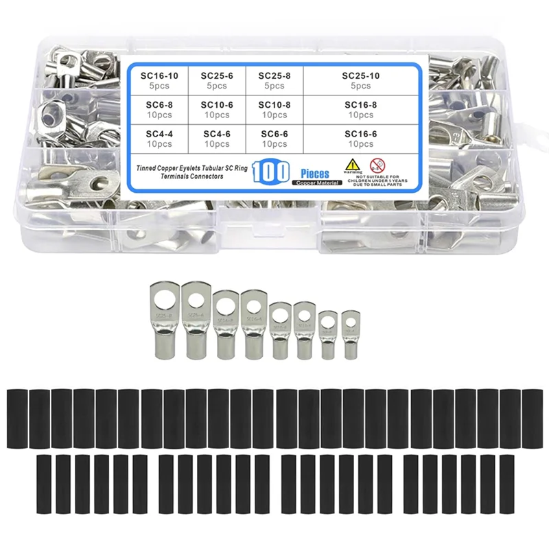 220Pcs Bare Ring Terminals Lug Tinned Copper Tube Lug Seal Battery Wire Connectors Cable Crimped SC4-SC25