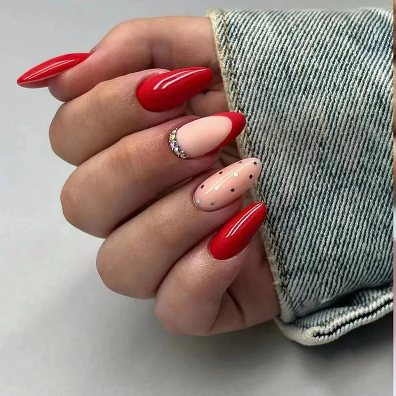 24Pcs Almond Nail Blue Diamond Glitter Nail Art Fake Nails Artificial Acrylic Full Coverage False Nail Removable Press on Nails