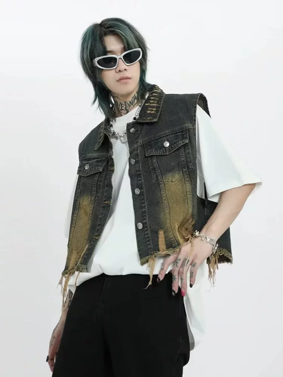 

Retro k Denim Frayed Collar Tassel Trim ort Vest Youth Faion Workwear f Body Armor Single Button Decorative ket