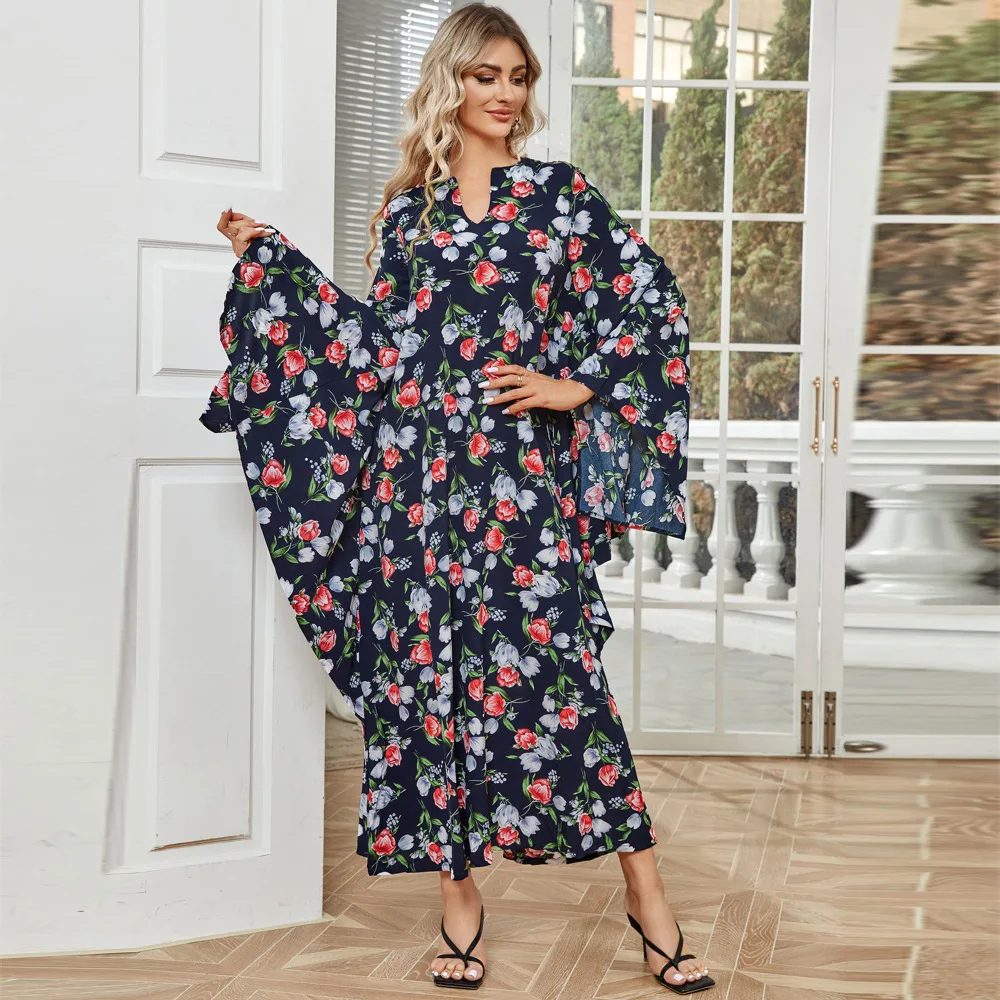 FC-008 Autumn New 2023 Muslim Fashion Printed Elegant Bat Sleeve Robe