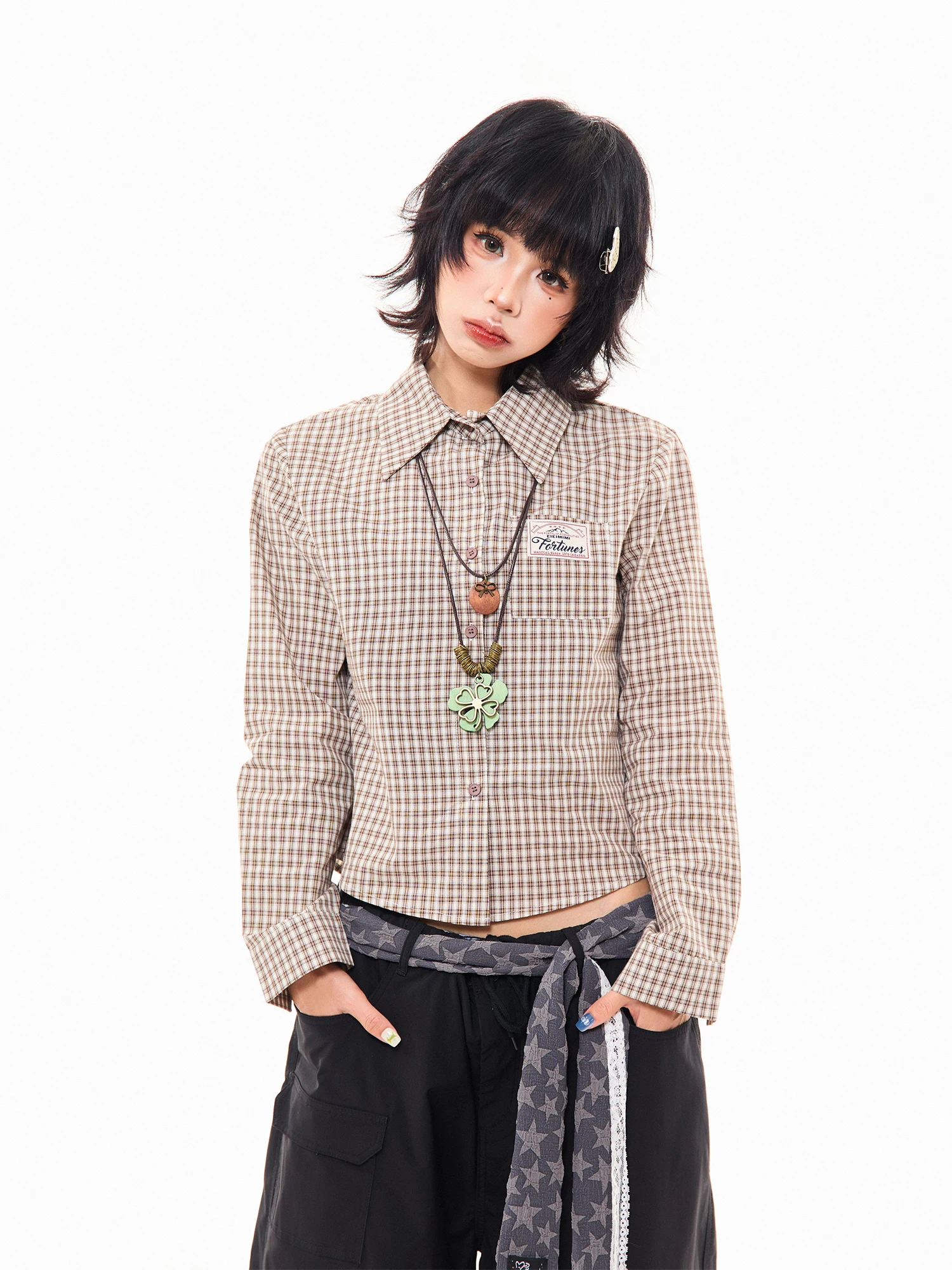 

Женская хлопковая рубашка MIKYO в американском ретро-стиле с длинным рукавом, в клетку, приталенная, с отложным воротником, модная, для девушек