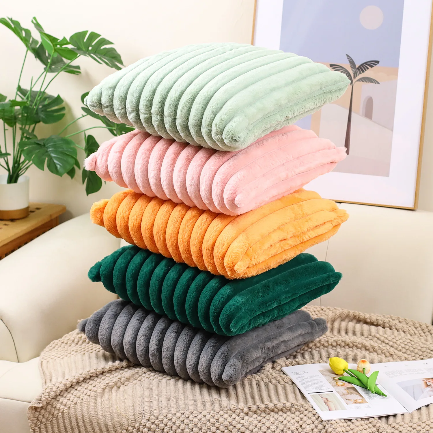 Autumn/Winter Flannel-Style Large Stripe Cuddle Pillow Cover Simple Sofa Pillow Warm Hand Bed Headrest Cushion Cover
