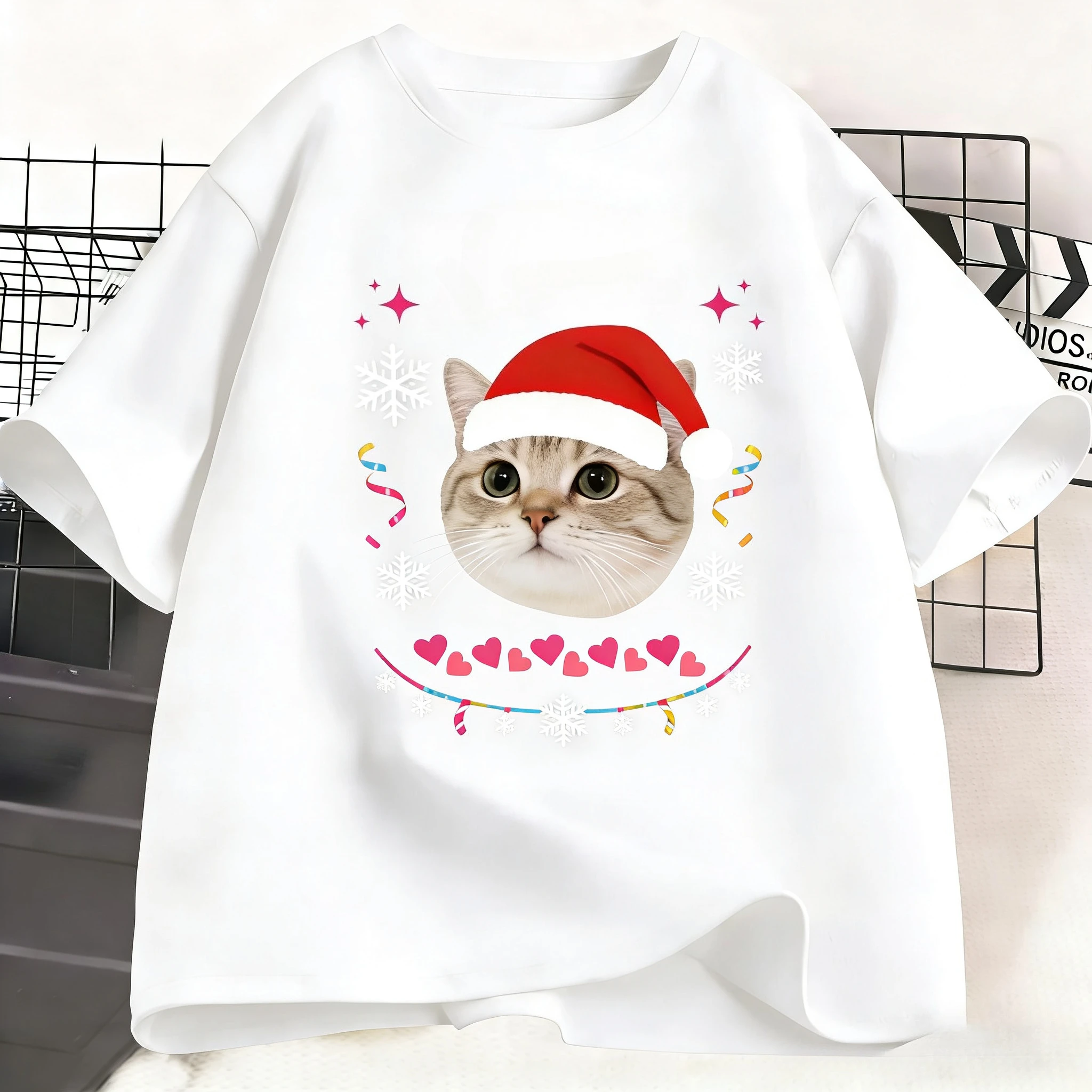 

cat Minimalist Trendy Cotton Loose-Fit Short-Sleeve T Shirt Christmas T Shirts Unisex Couple's Matching Streetwear Top