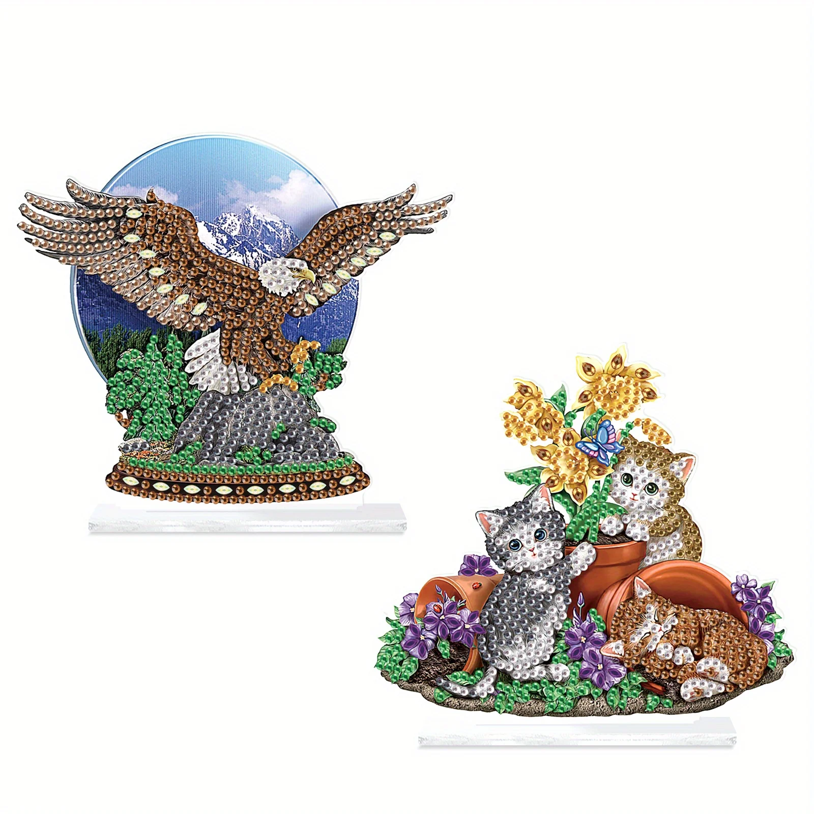 2 Stück stehen auf Diamant Kunst Malerei Kit Ornament Adler und Katzen, 5d DIY unregelmäßig geformte Kristall Diamant Malerei Tisch Ornamente