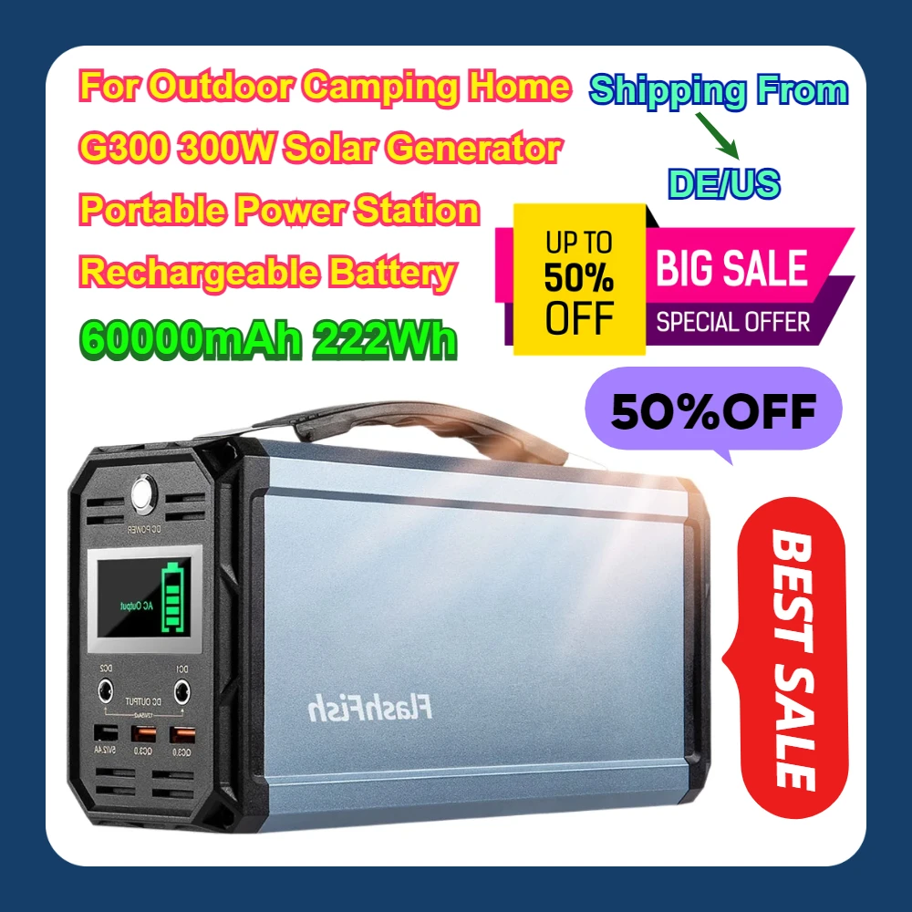 

60000mAh 222Wh For Outdoor Camping Home G300 300W Solar Generator Portable Power Station Rechargeable Battery