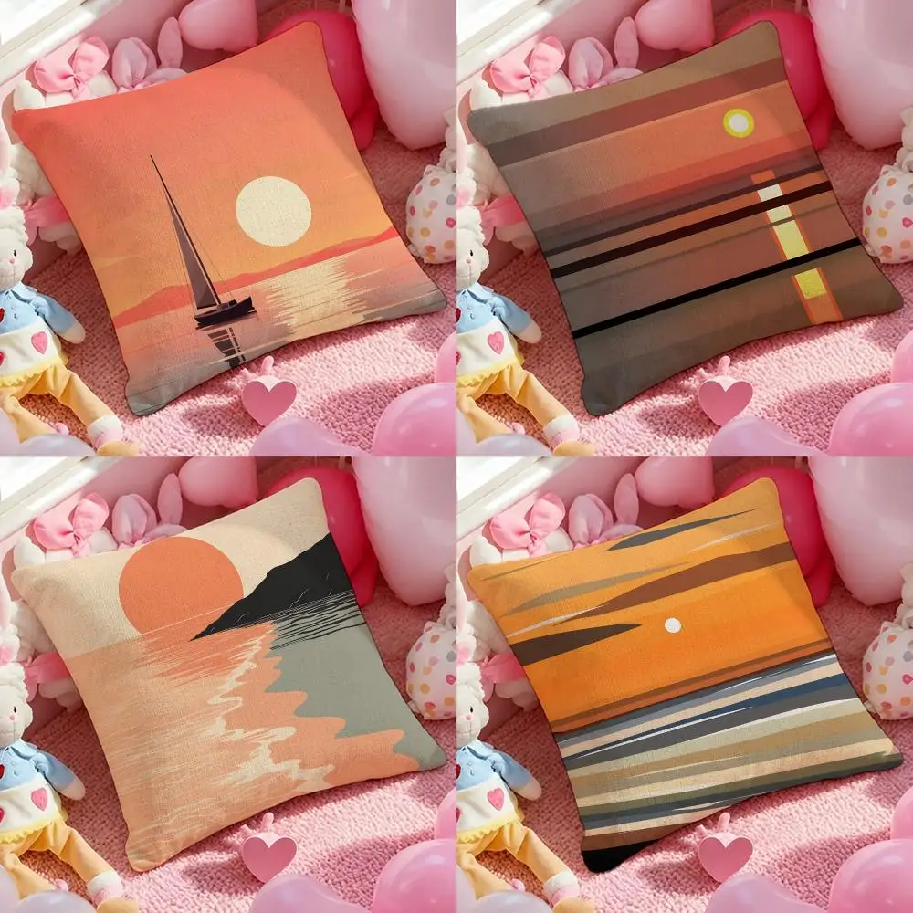 Art Minimal Flat Ocean Sunset Cushion Cover Pink Linen Texture Cushion Cover Double Sided Invisible Zipper Deco