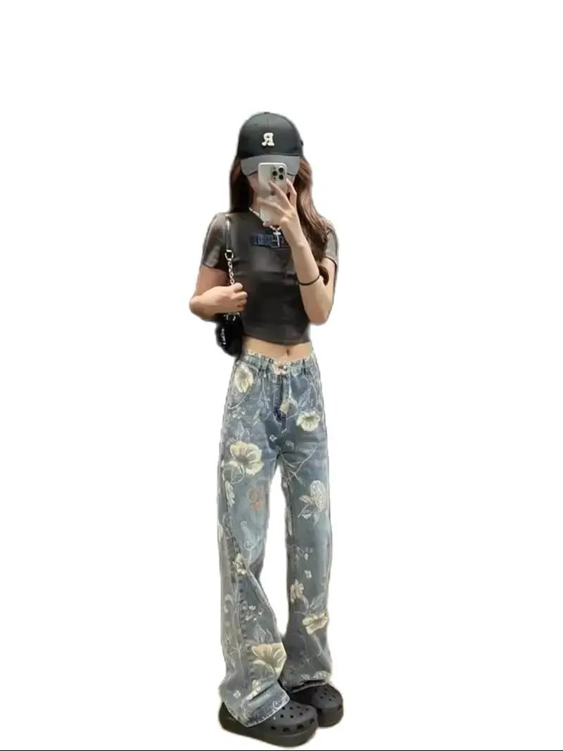 Dweilbroek High Street Retro Water Wash Print Geperforeerde Vrouwen Casual Jeans Zomer Nieuwe Hoge Taille Losse Broek Met Wijde Pijpen