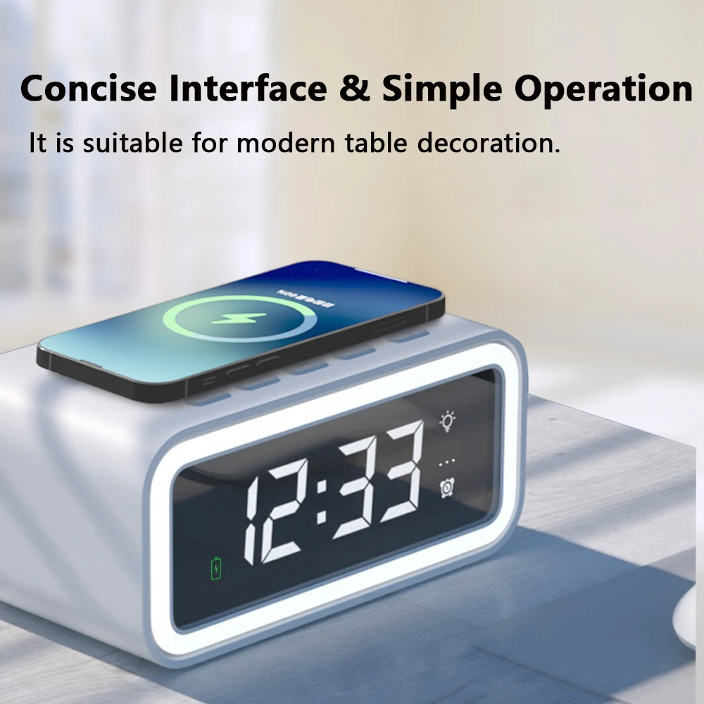 

Alarm Clock With Wireless Charger 10 W Product Output: 5 V DC /3 A 15 W 7.5 W Alarm Clock with USB Charger