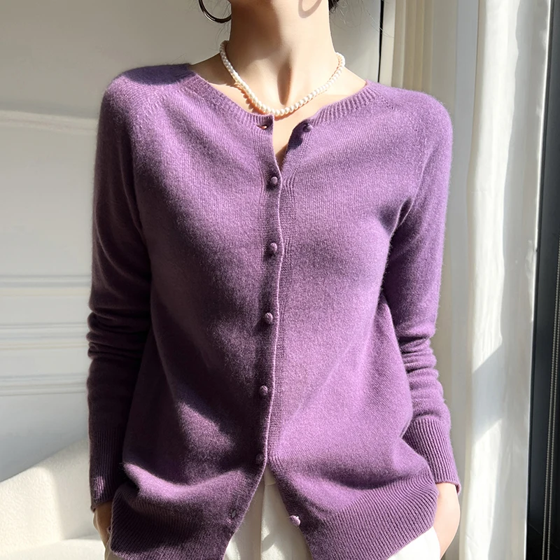 Spring New Cardigan Women\'s O-Neck Line Ready To Wear Sweater 100% Pure Wool Knitted Jacket Slim Fit Fashion Long Sleeved Shirt