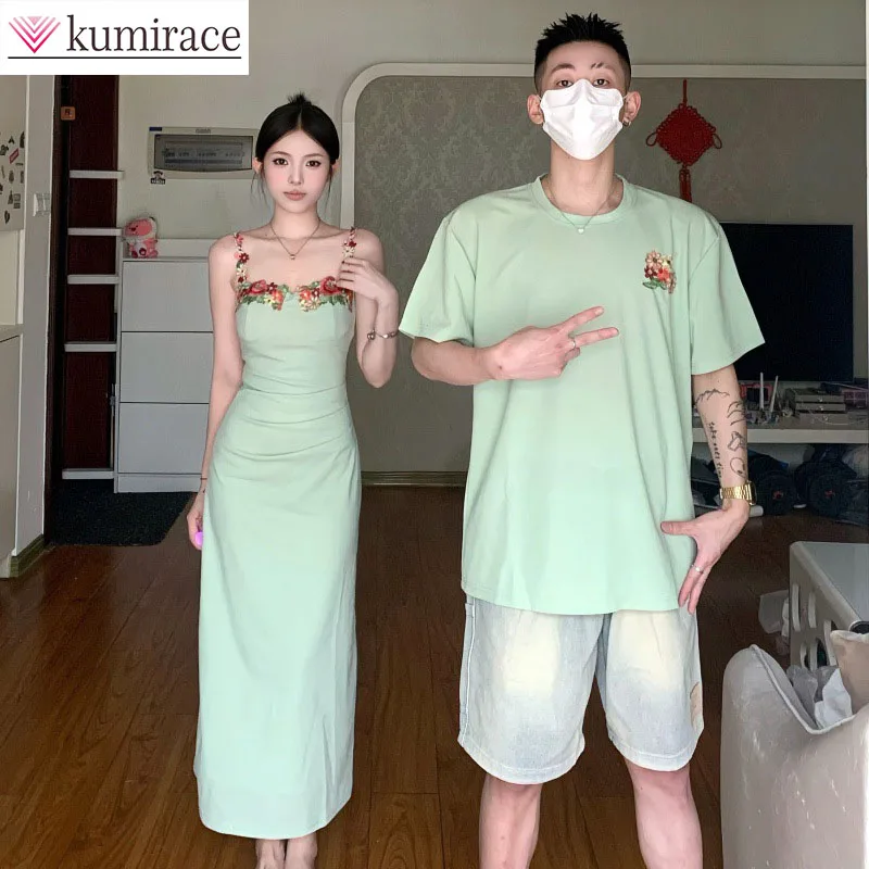 

2026 Summer Couple Dress One Dress One Skirt Flower Strap Long Dress T-shirt Short Sleeve Kawaii Clothesbirthday Dress for Women