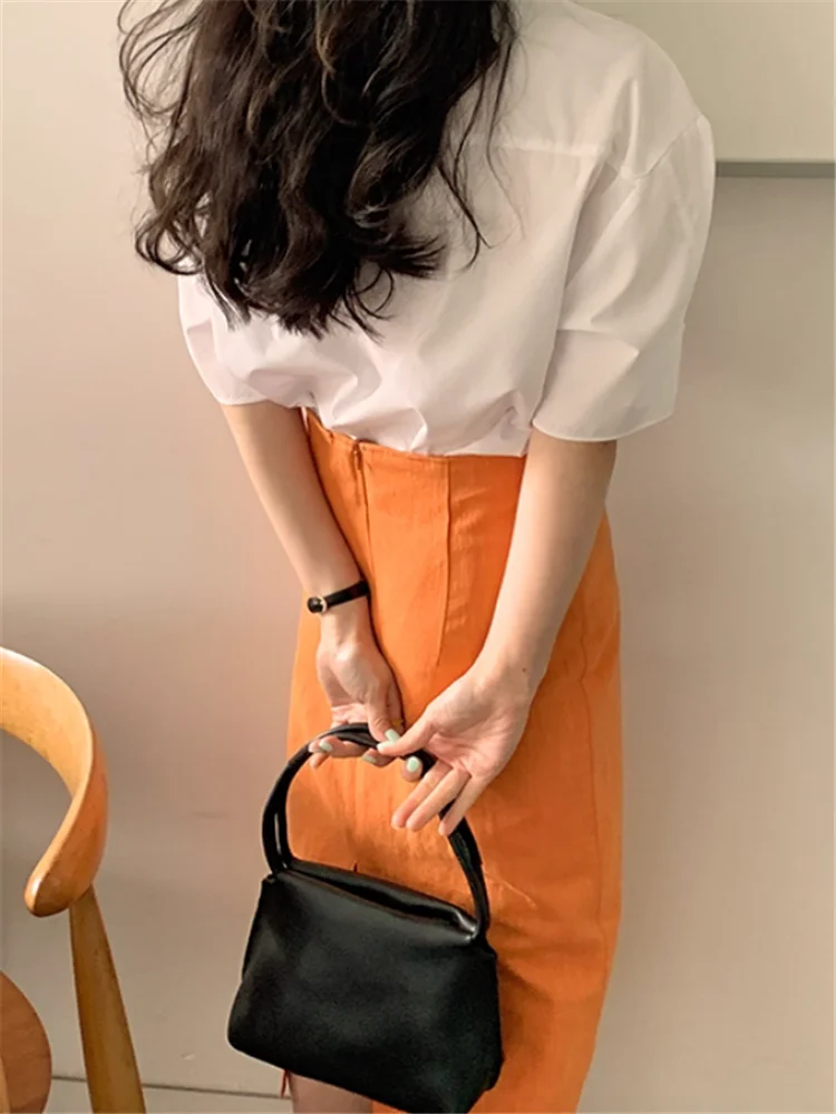 Gonna slim a mezza lunghezza blu arancione per donna 2025 Nuovo autunno moda vita alta dritto tubino diviso avvolto gonna a trapezio