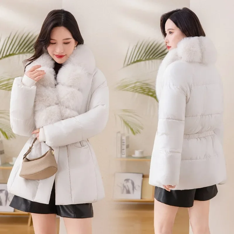 Waist-cinching Slimming Cotton-padded Jackets with Large Fur Collars. Mid-length Coat with A Belt.Winter New Women's Clothing.