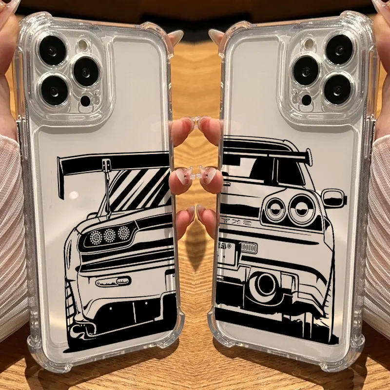 Coque transparente antichoc JDM Cartoon Car pour iPhone 17 16 15 14 13 12 11 18 Pro Max 16e 17e Air 13 Mini 15 Plus XS XR 8