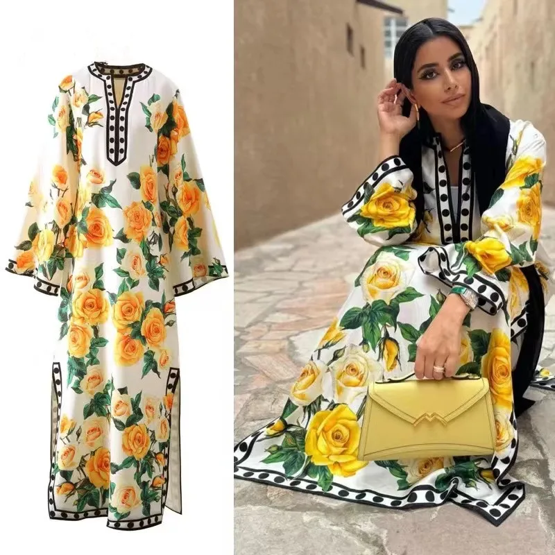 Vintage Sommer gelbe Rose Blume Punkt Druck langes Kleid übergroße lose böhmische Frauen o Hals Flare Ärmel Split Urlaub Maxi Robe