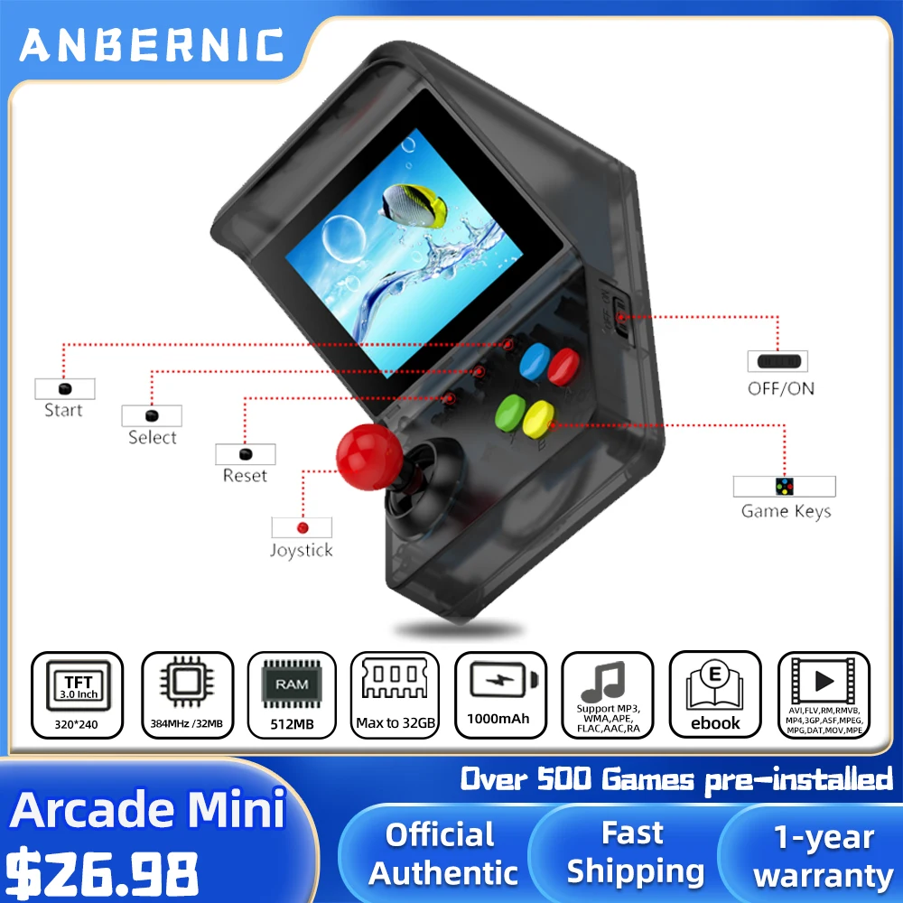 وحدة تحكم ألعاب أركيد صغيرة ريترو محمولة 64 بت ، 3000 لعبة فيديو محمولة ، عصا تحكم HD ، أندرويد PS1