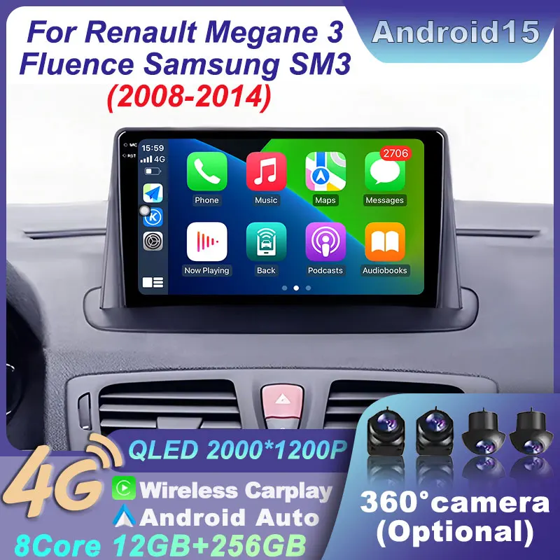 Беспроводной автомобильный радиоплеер с авто стерео для Renault Megane 3 Fluence Samsung SM3 2008-2014, мультимедийное видео Android 15 Беспроводной автомобильный радиоплеер с авто стерео для Renault Megane 3 Fluence Samsung SM3 2008-2014, мультимедийное видео Android 15