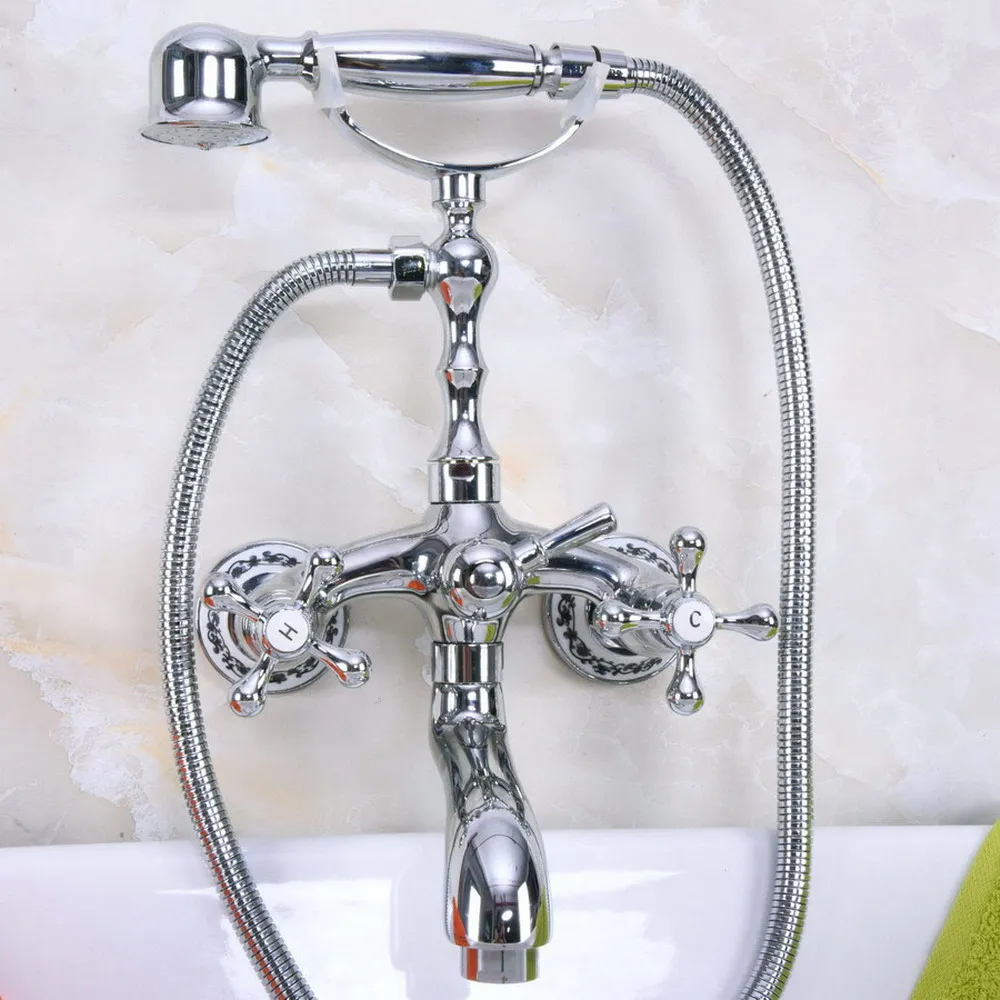 Silver Chrome Brass Wall Mounted Bathroom Bath Tub Faucet Set WITH/ 150CM Handheld Shower Spray Head Mixer Tap Dna195