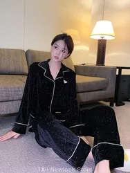 TXii Newlook [Sky Star River] Gold Velvet Pajamas Women's Autumn and Winter New South Korea Velvet Black Simple High-end suit