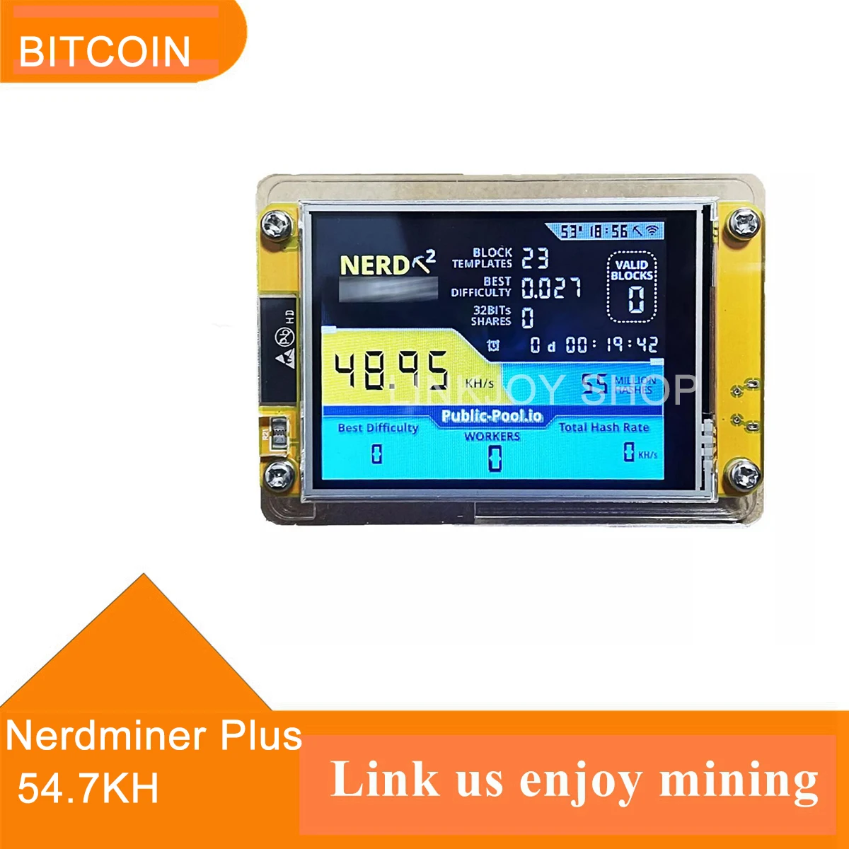 

NerdMiner Plus T-Display S3-56KH/s Bitcoin Solo Lottery Miner |Win 3.125 BTC | Low Power Consumption & WiFi Connection