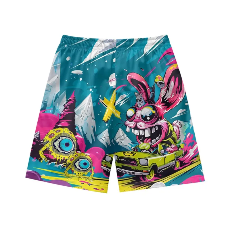 One eyed monster rabbit driving pattern creative casual personality loose fashion summer men's drawstring sports shorts