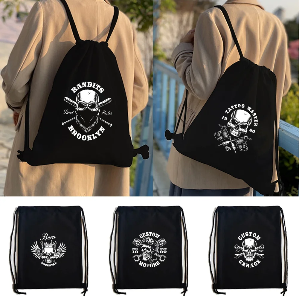 Universal Fitness Drawstring Bag Outdoor Sport Storage Bag Thick Rope Ball Bag Skull Pattern Print Large Capacity Backpack 2024