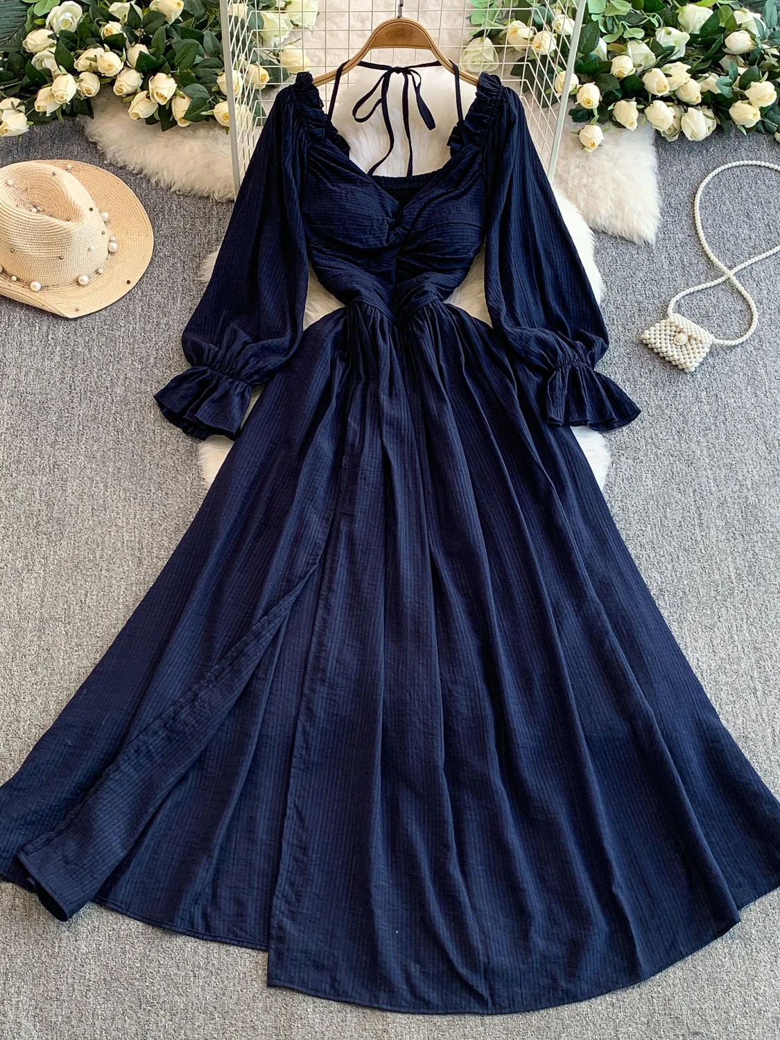 

Sexy V-ne Dr Women's Autumn High Waist A-line Long Skirt with Chest Pad Gathered Waist Slimming Split Large Swing