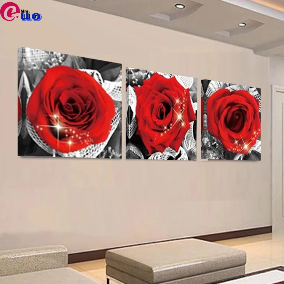 

Round diamond mosaic 5d 3PCS Romantic Rose Flowers Painting embroidery Nordic Decoration Home Wall Art diamond painting sale