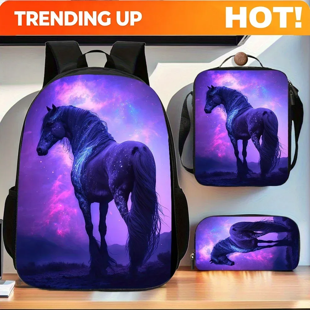 Custom Bag Stylish Equine 3pcs Backpack Collection, Featuring A Spacious Book Bag, A Handbag, And A Pencil Case, Ideal For Stude