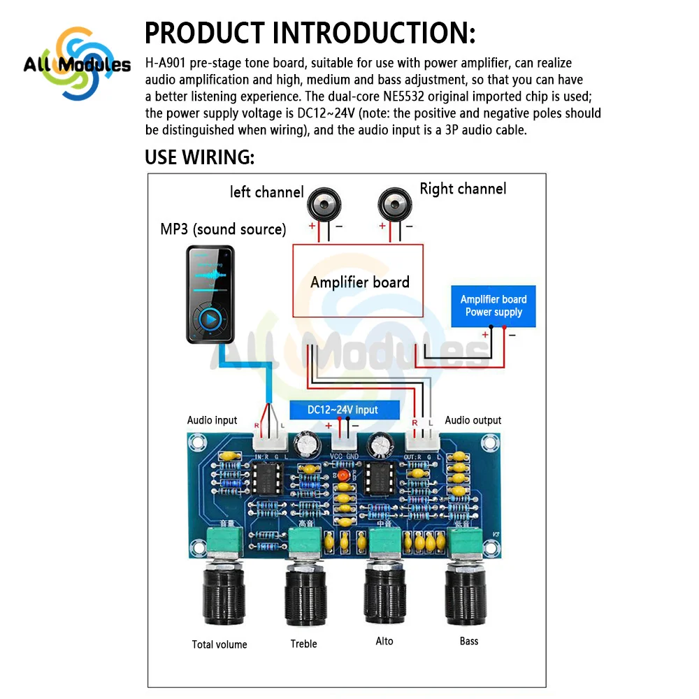 XH-A901 NE5532 Tone Board preamp Pre-amp With treble bass volume adjustment pre-amplifier Tone Controller For amplifier Board