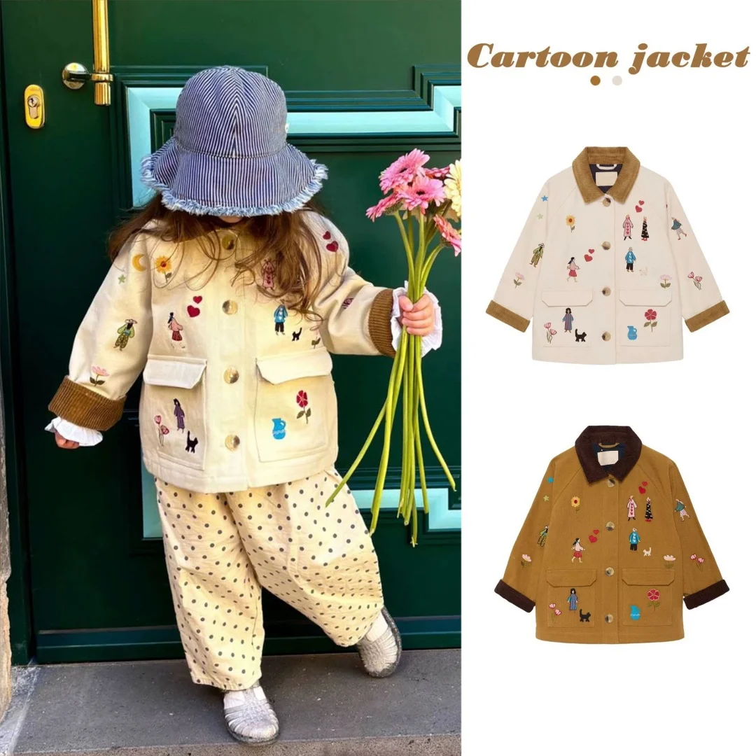 Kids Heavy Embroidery Jacket 2026 Autumn Winter Cartoon Coat Boys Girls Toddler Instagram Style Fashion Long Sleeve Outerwear