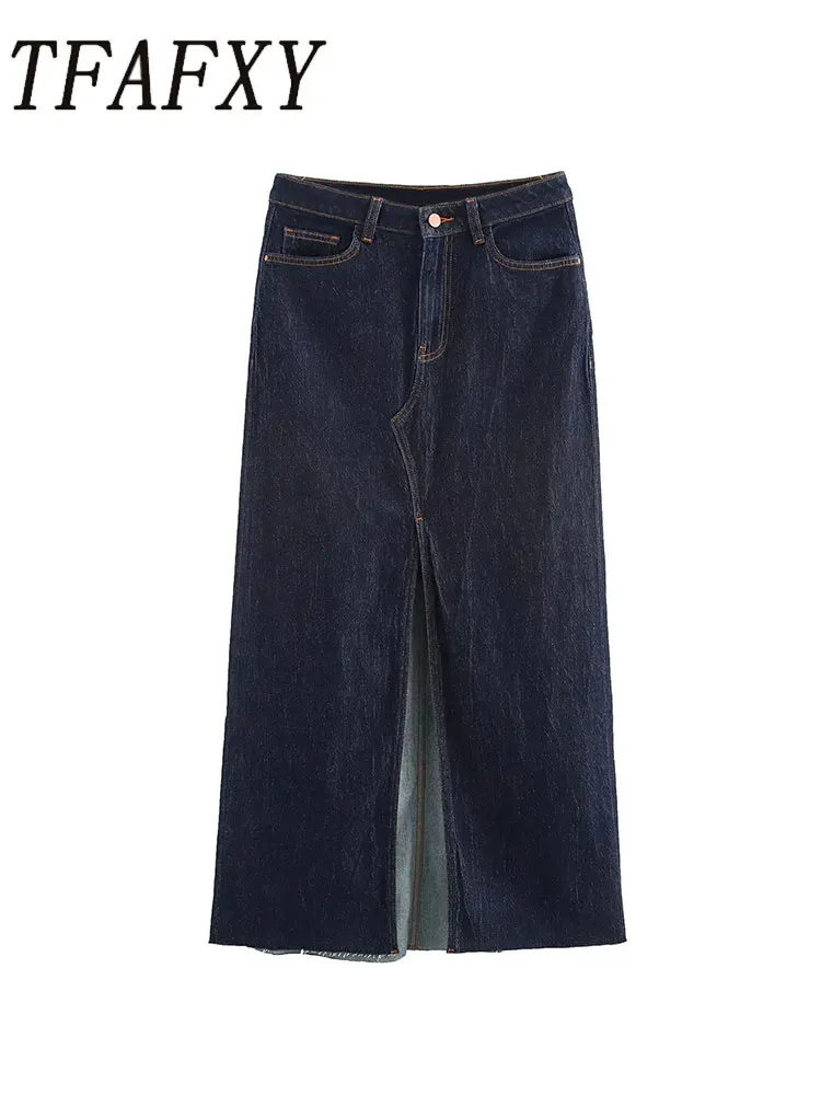 

TFAFXY 2025 весенние повседневные джинсовые длинные юбки женские с высокой талией на молнии спереди длинные юбки с разрезом модные карманы винтажная юбка Mujer