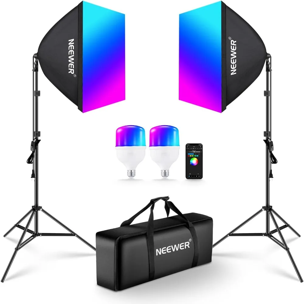 

520W Equivalent RGB Softbox Lighting Kit with App Control 9 Effects 26W LED Bulbs CRI93 TLCI98 E26 Sockets 24 Softboxes