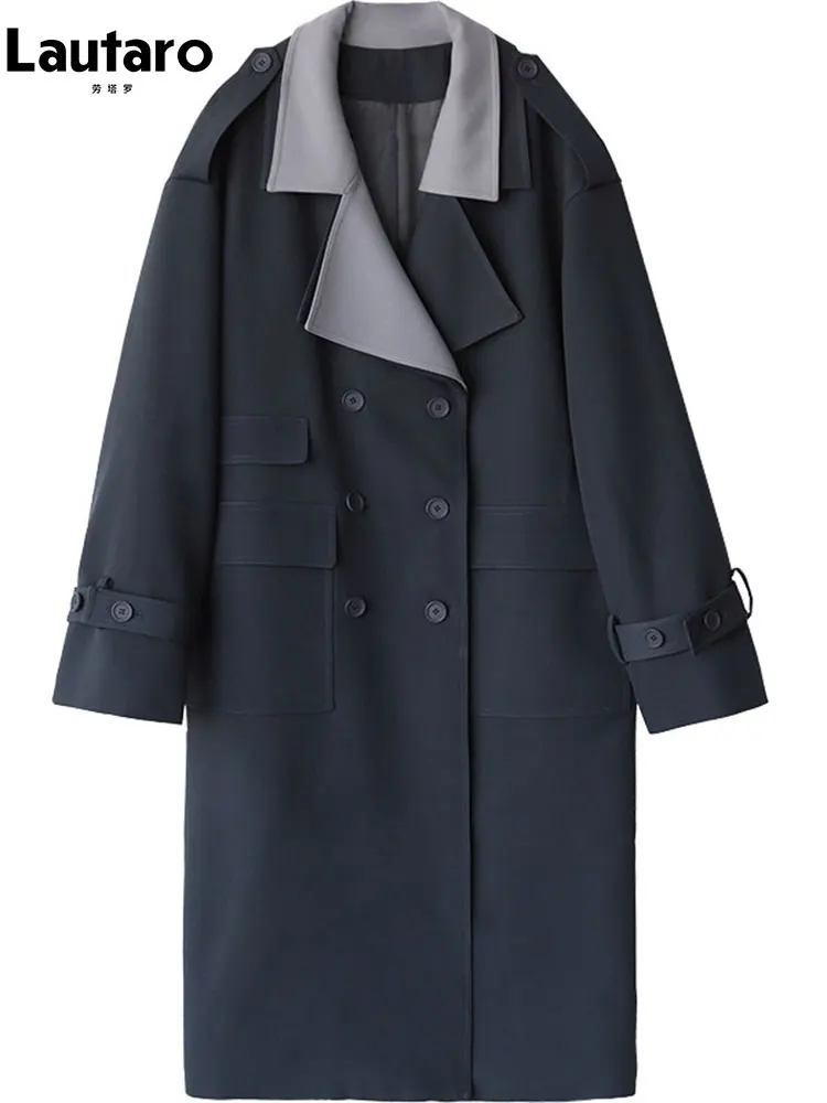 Lautaro Spring Autumn Long Patchwork Trench Coat for Women Elegant Chic Luxury Designer Fake 2 Pieces Clothes Runway Fashion view 5