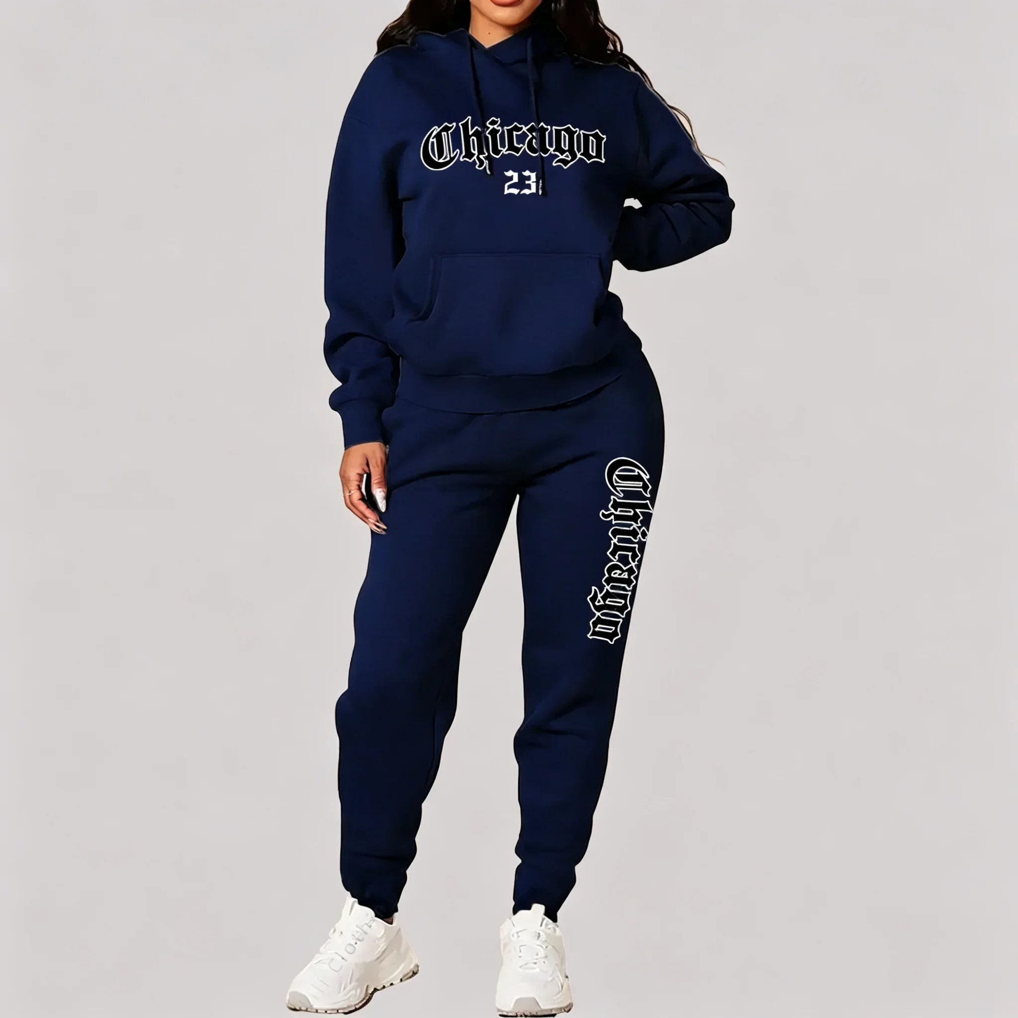 Women's Sets Hoodies Pants 2 Piece Outfits Aesthetic Sportswear Sweatsuit Chicago Graphic Letter Print Plus Size Pink Tracksuit view 4