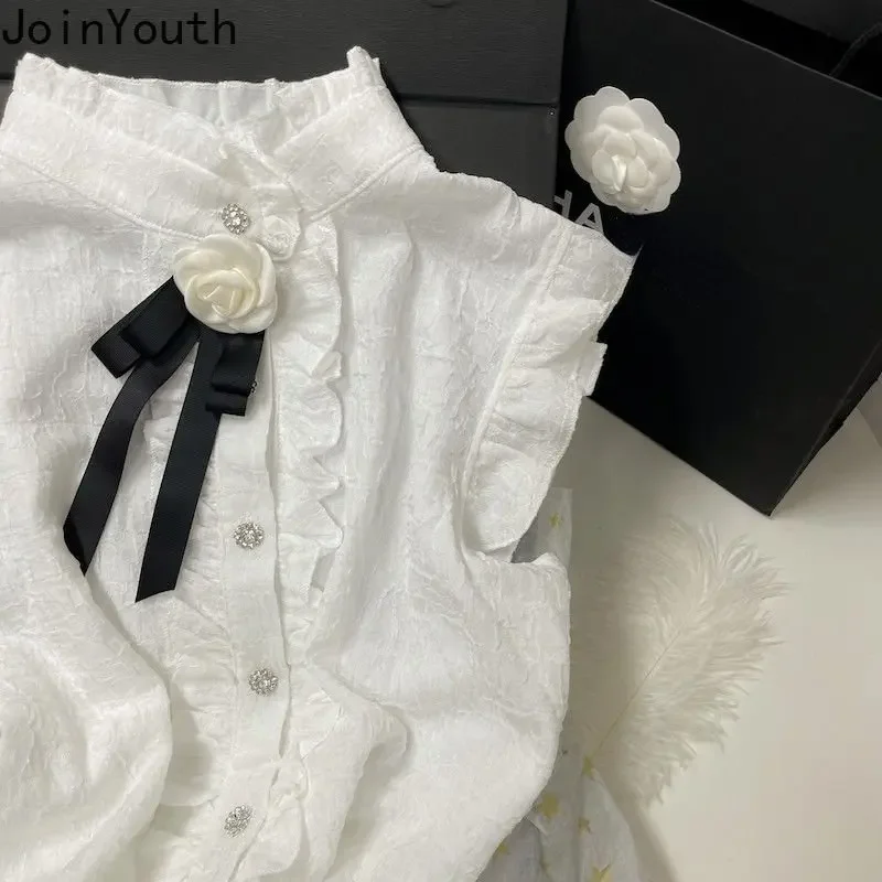 Women Blouse O-neck Sleeveless Temperament Ladies Tops Summer White Shirts Elegant Ruffles Blouses 2023 Blusas Mujer De Moda