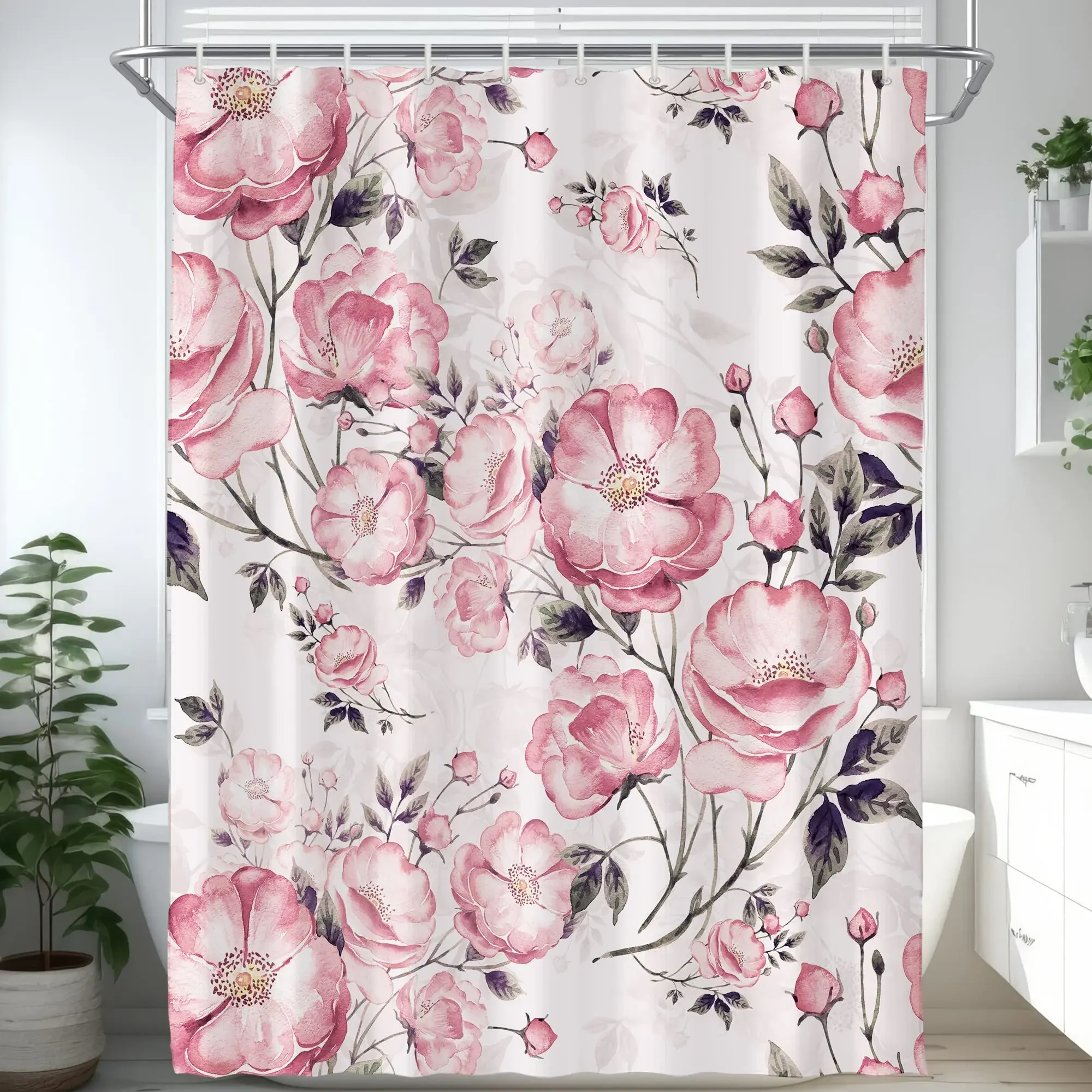 Watercolor Flower Shower Curtain, Vintage Plum Blossom Tropical Plant Green Leaf Bird Elegance, Bathroom Decor Set With Hooks