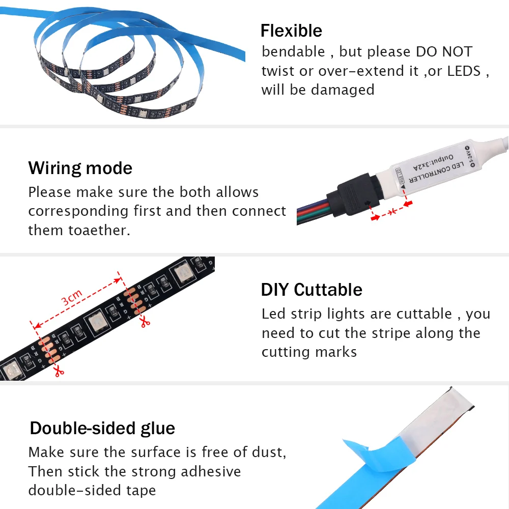 DC 5V Remote Control RGB Led Strip Light 5050 30Leds/m Battery Power Changing Color Waterproof Ribbon Tape Lights String Strip