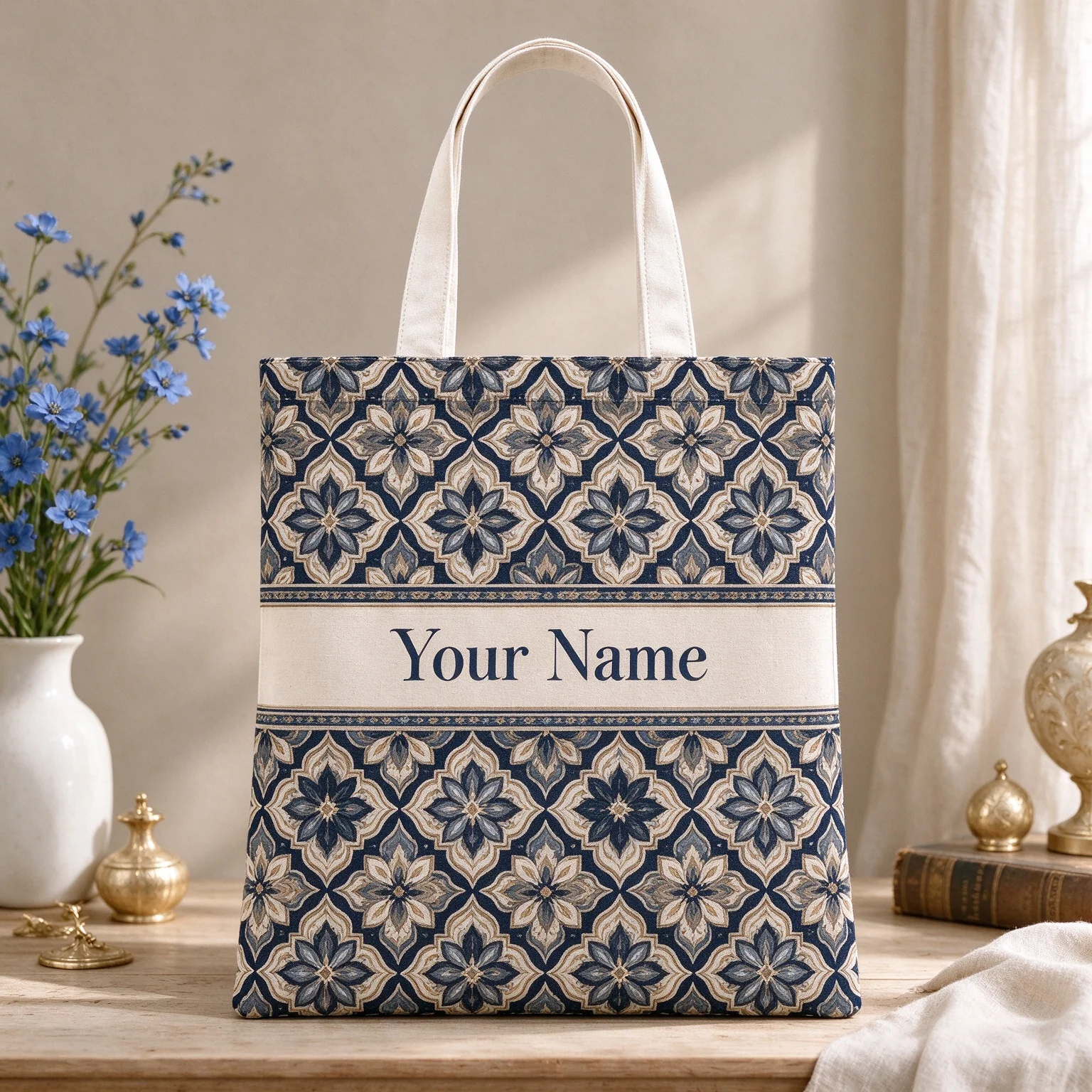 Personalized Vintage Blue Geometric Floral Tote Bag Custom Name Reusable Grocery Bag Holiday Bridesmaid Gift