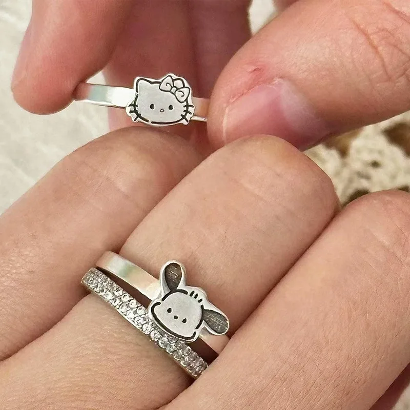 Kawaii Hello Kitty Kuromi Cinnamoroll Pochacco Anime Couple Open Ring Fashion Sanrios Friends Wedding Rings Gifts Accessories